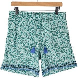 J Jill Love Linen Shorts Small Green Print Embroidered Tassel Pull On High Rise